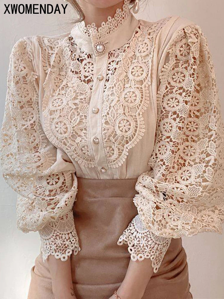 Women Chiffon lace Button Turtleneck Shirt Chic Elegant Floral Fluffy Long Sleeve Top Fashion Hollow Oversize White Blouse 2024