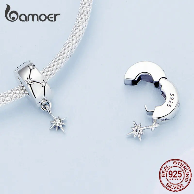 Solid Sterling Silver Clasp CZ pave Clip Charms Daisy Beads Stopper Safety Chain fit Original Charm Bracelet Jewelry Clip