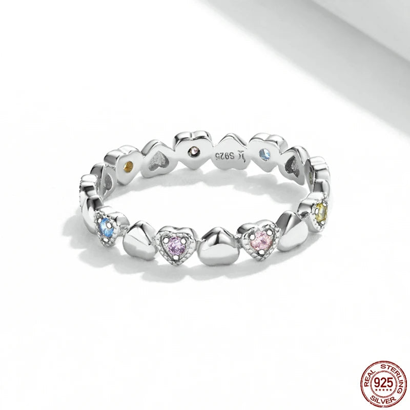 Bamoer Genuine 925 Sterling Silver Fashion Rainbow Heart Ring for Women Love Rings Luxury Colorful Zircon Wedding Jewelry Gifts