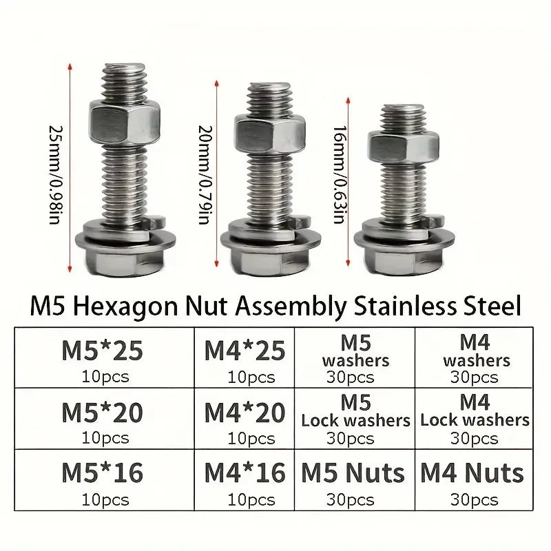 240pcs Stainless Steel Hex Bolt & Nut Set - Durable, Corrosion-Resistant with M4 & M5 Sizes for Versatile Use