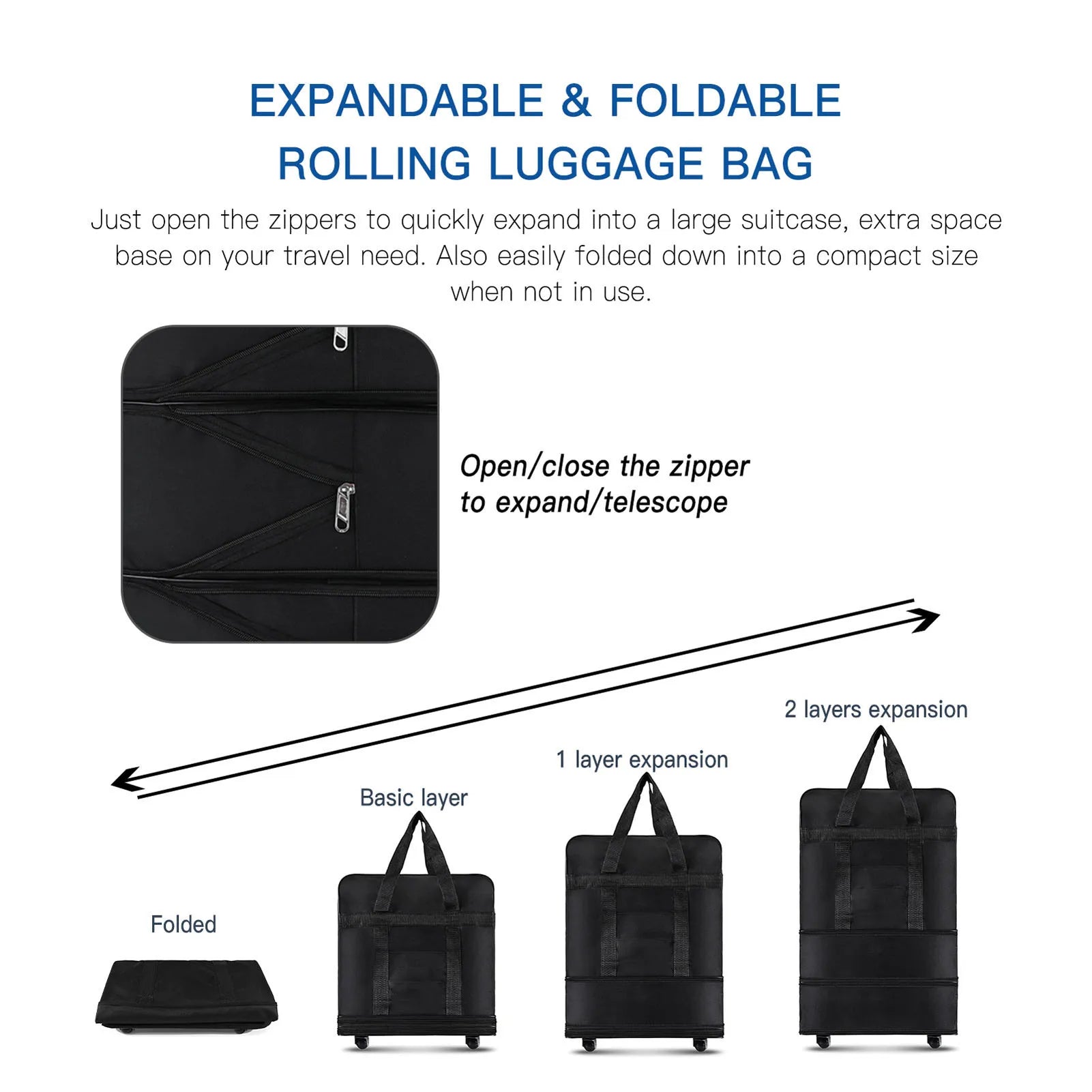 Suitcase on Wheels for Women Men Expandable Foldable Trolley Luggage Versatile Black Suitcase for Weekend Trip Overnight Bag