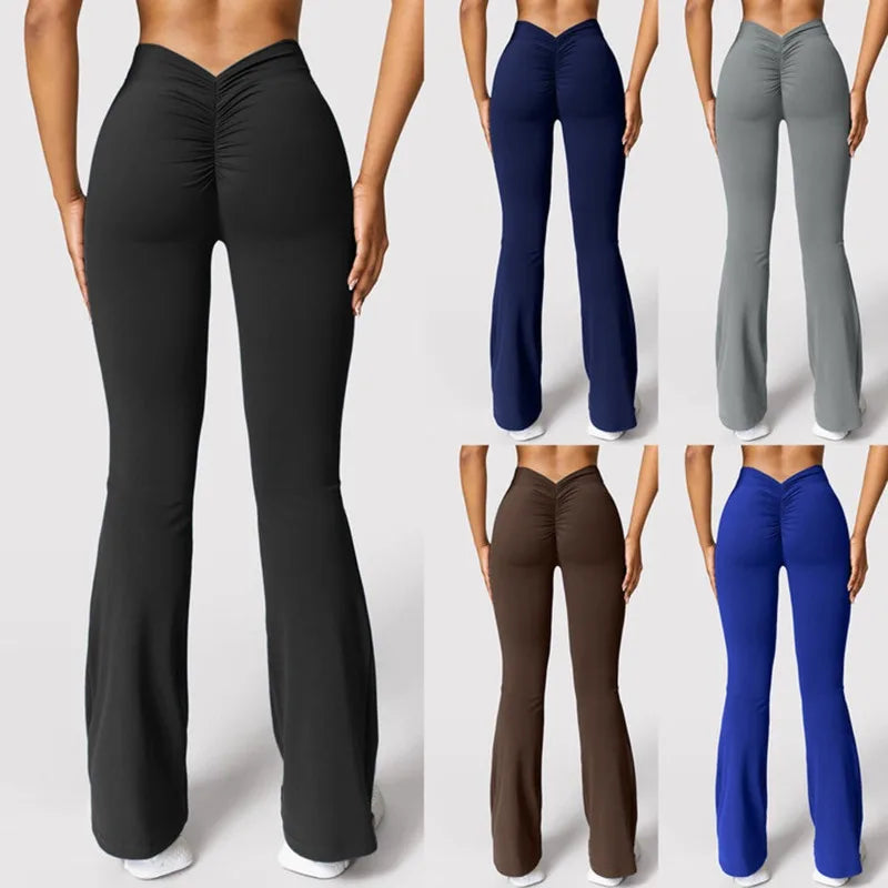 Flare Leggings Women V-back Waist Sports Pants High Waist Push Up Butt Gym Pants Solid Slim Casual Leggings