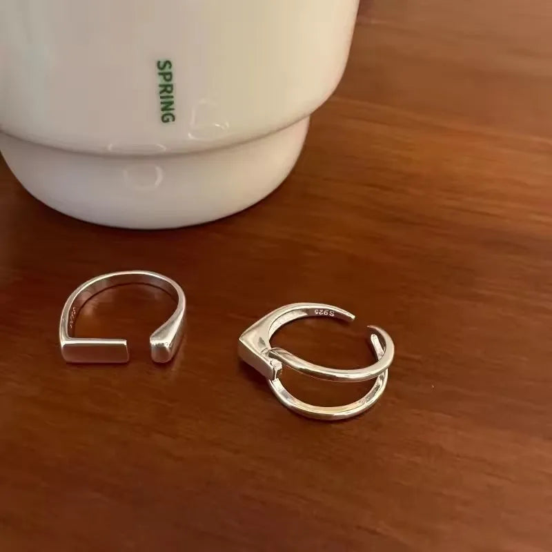 Sterling Silver Rings INS Fashion Hip Hop Vintage Couples Hollow Lines Punk Thai Silver Party Adjustable  Jewelry
