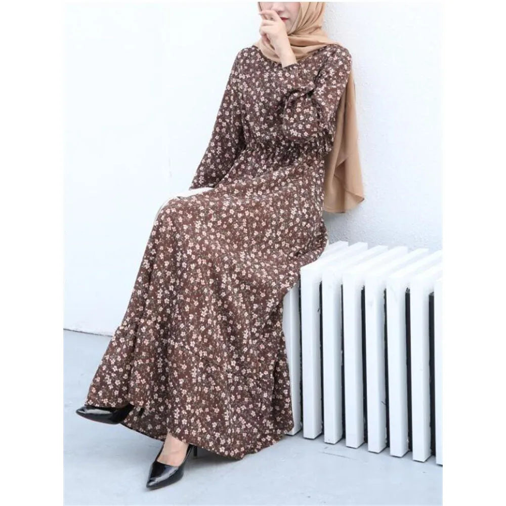 Casual Dress Women Bohemian Long Sleeve Woman Muslim Maxi Leopard Floral