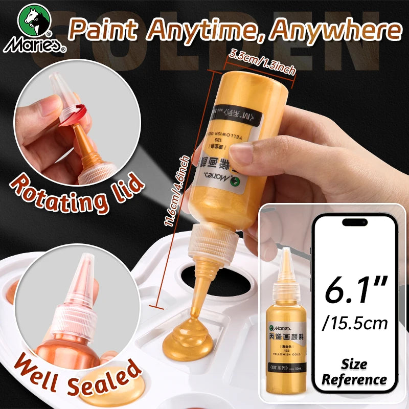 50ml Metallic Acrylic Paint, Pearlescent Rich Shiny Pigments with  Bottle, Golden Slivery for DIY Art Painting, Wood, Gl