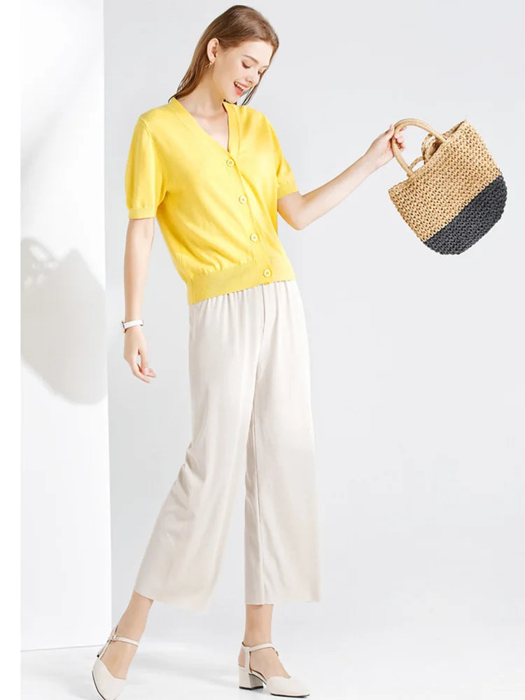 Ankle-Length Wide Leg Pants Casual Summer Solid Elastic Waist Loose Ice Silk Pants Spring Summer Female Trousers