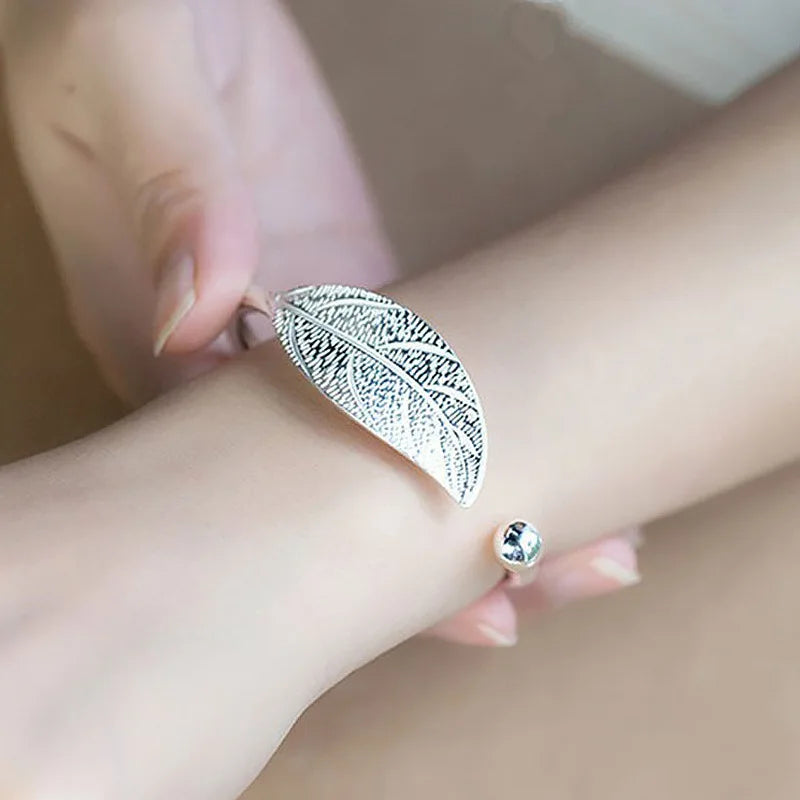 925 Sterling Silver Woman Cuff Bracelet Open Leaf Shaped Adjustable Charm Bangle Bracelets Luxury Party Jewelry Gifts