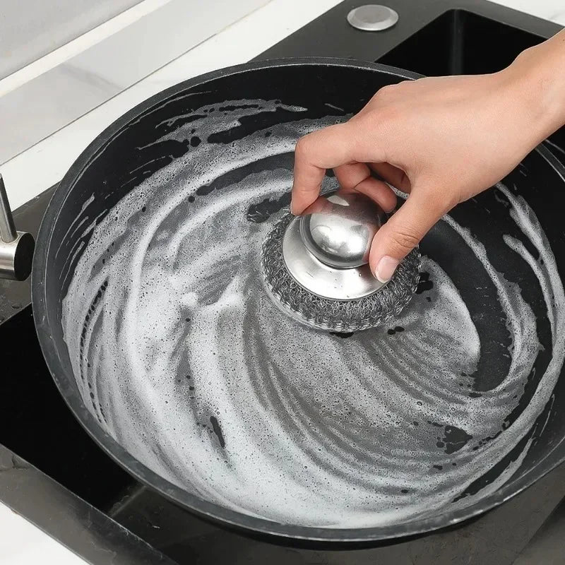 5/1Pcs Kitchen Stainless Steel Pot Brush with Handles Dishwashing Wire Ball Heavy Duty Metal Scrubber Home Pot Pan Cleaning Tool