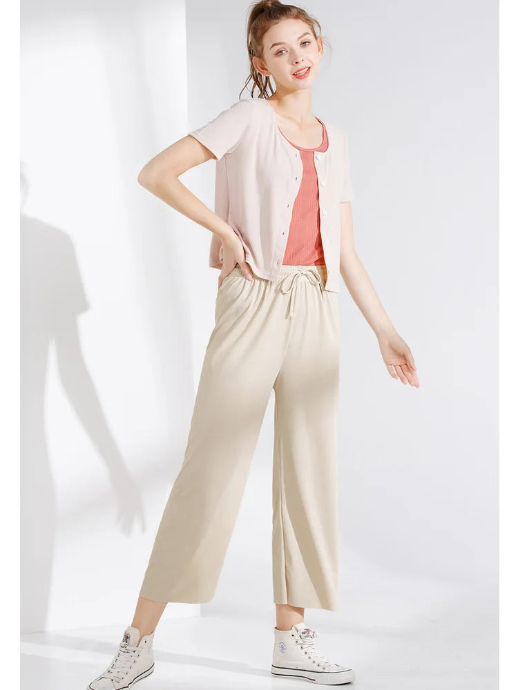 Ankle-Length Wide Leg Pants Casual Summer Solid Elastic Waist Loose Ice Silk Pants Spring Summer Female Trousers