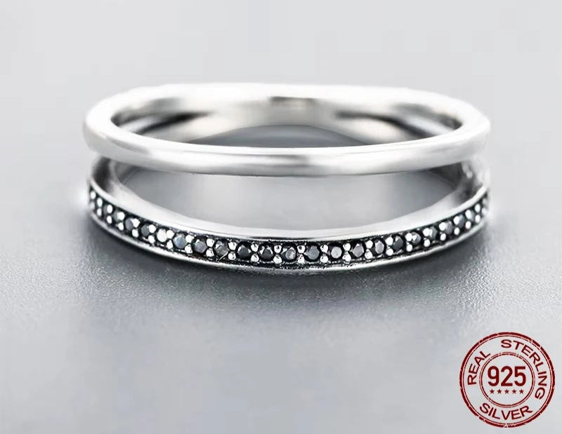 Bamoer Genuine 925 Sterling Silver Double Circle Black Clear CZ Stackable Finger Ring for Women Fine Silver Jewelry Gift SCR082