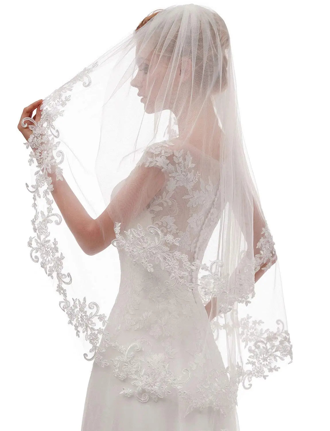 Women's Short/Medium Length 2 Tier Lace Wedding Bridal Veil With Comb