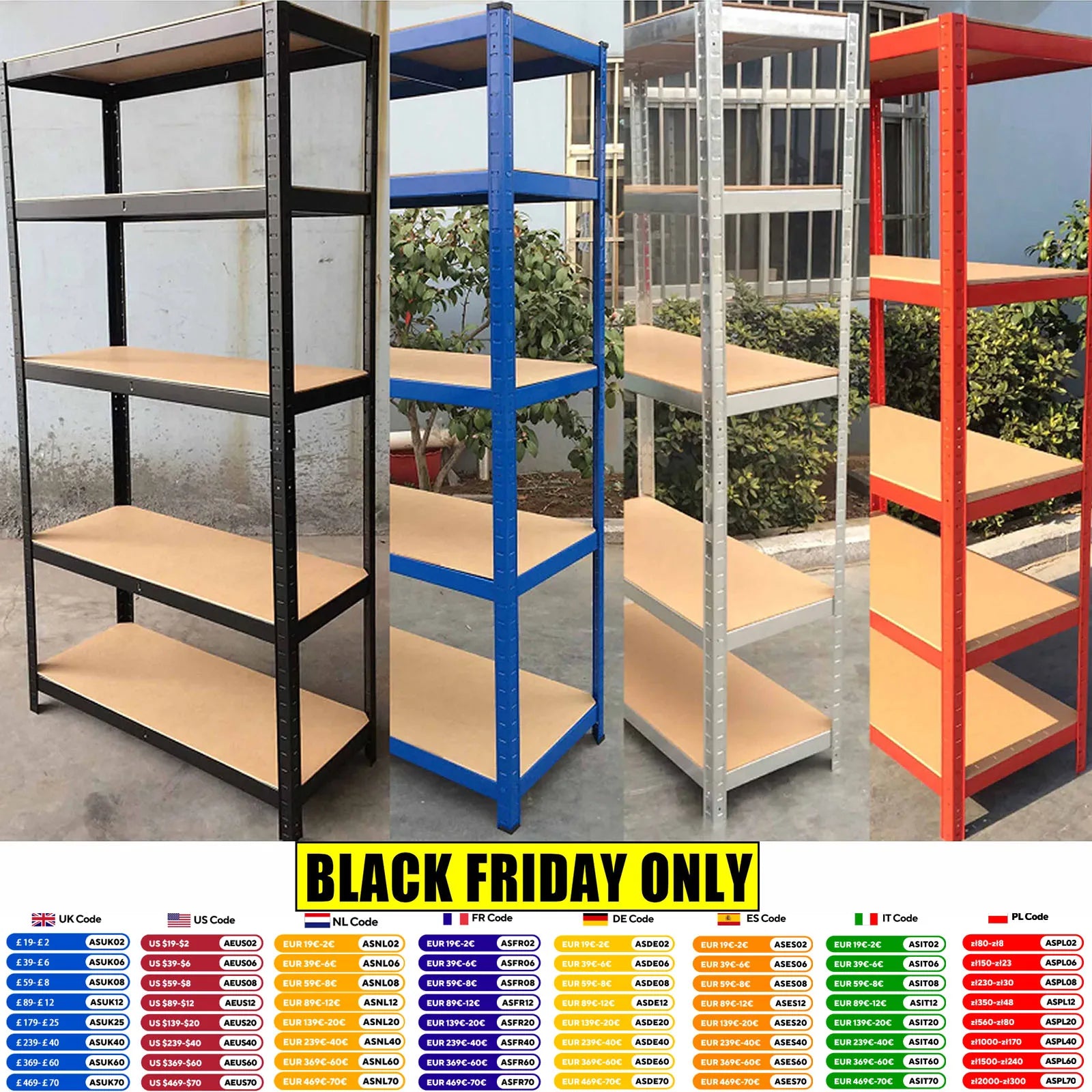 Shelving Unit for Garages & Sheds 150cm/180cm  Height Racking Storage Shelves Metal Shelving 5 Tier Boltless Garage Storage Unit