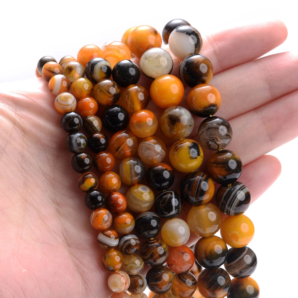 Natural Stone Beads Black Orange Agates Round Spacer Bead For Jewelry Making DIY Bracelet Necklace Handmade Accessories 6 8 10MM