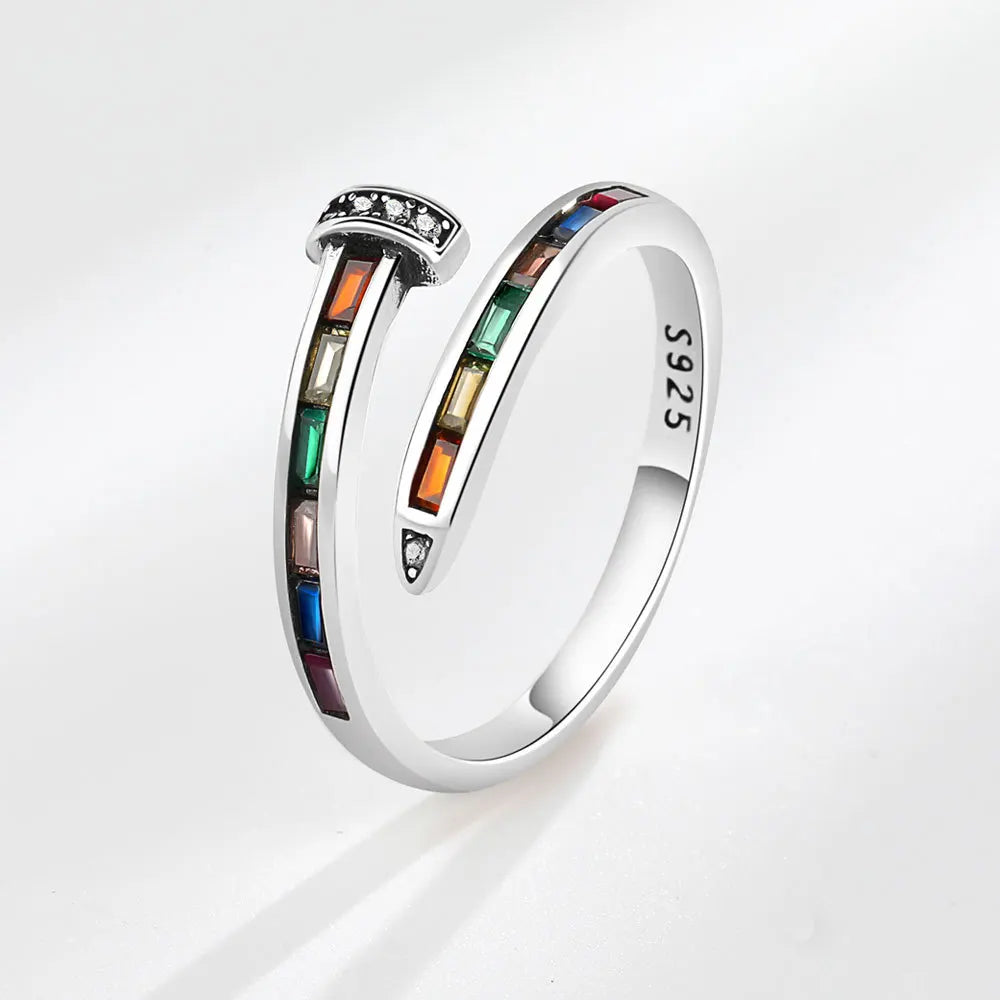 Elegant Nail Design Shiny Colorful Crystal Retro Thai Silver Female Party Ring Promotion Jewelry For Women Gifts No Fade