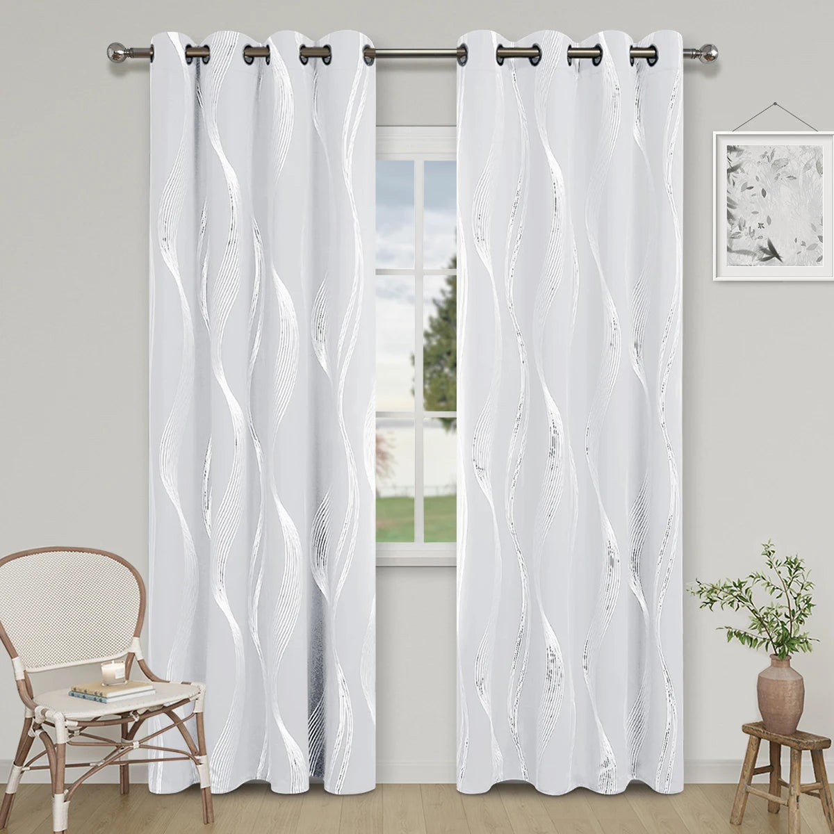 1pc High Precision Silver Embossed Wave Pattern Blackout Curtains for Blocking Light and Keeping Heat, Perfect for All Rooms