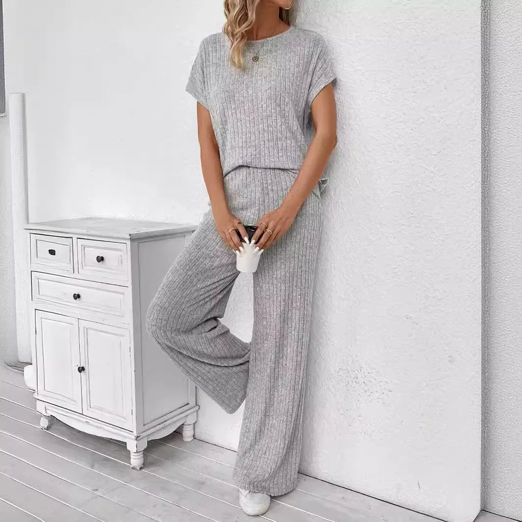 Top Loose Fit Short Sleeves and Bell Bottoms 2-Piece Set Women's Clothing Round Neck Design