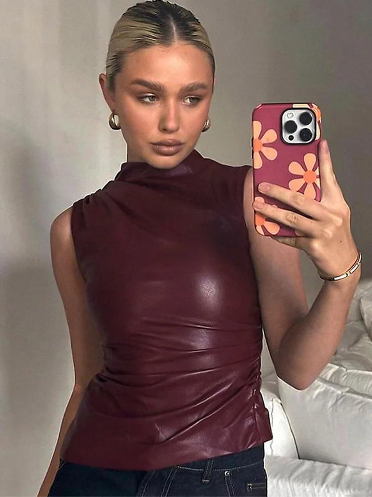 Vintage Pu Simple Basic Tank Top High Waist Skinny Shrunk Slash Cut Sleeveless Tops Versatile Noble Shirts