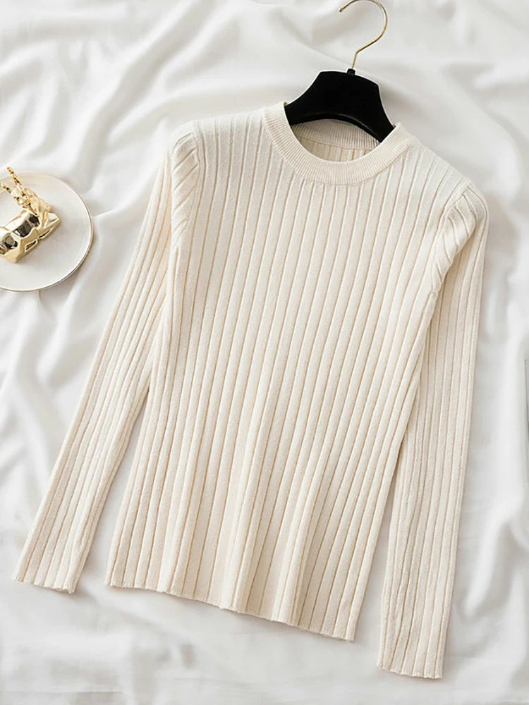 Women Pullovers Summer Sweaters Knit Soft Jumper tops Tops O-Neck Ribbed Long Sleeve Korean Slim-fit Female Sweater