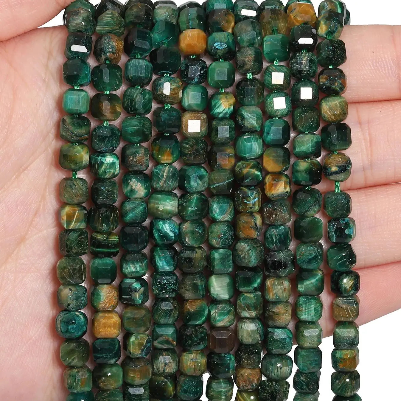 6mm 8mm Square Natural Green Tiger Eye Stone Beads Faceted Loose Beading For Jewelry Making DIY Bracelet Neckalce