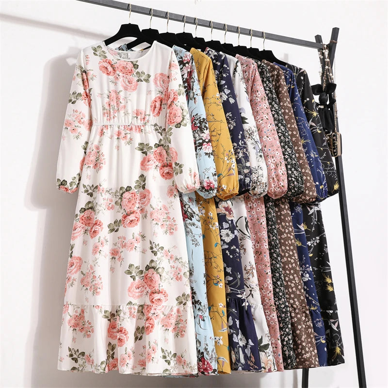 Maxi Dresses Casual Full Sleeve Floral Printed O-neck Woman  Long Dress