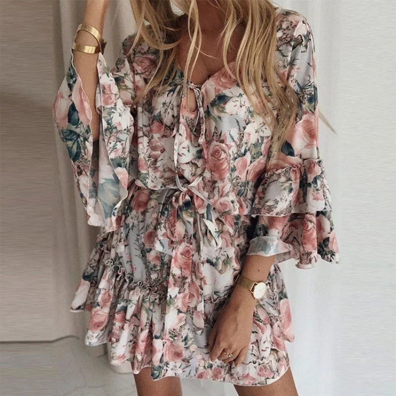 Elegant Chiffon Pink Mini Dress For Women 2021 Autumn Printing Slimming Cotton Pullover Mid Waist European And American Style