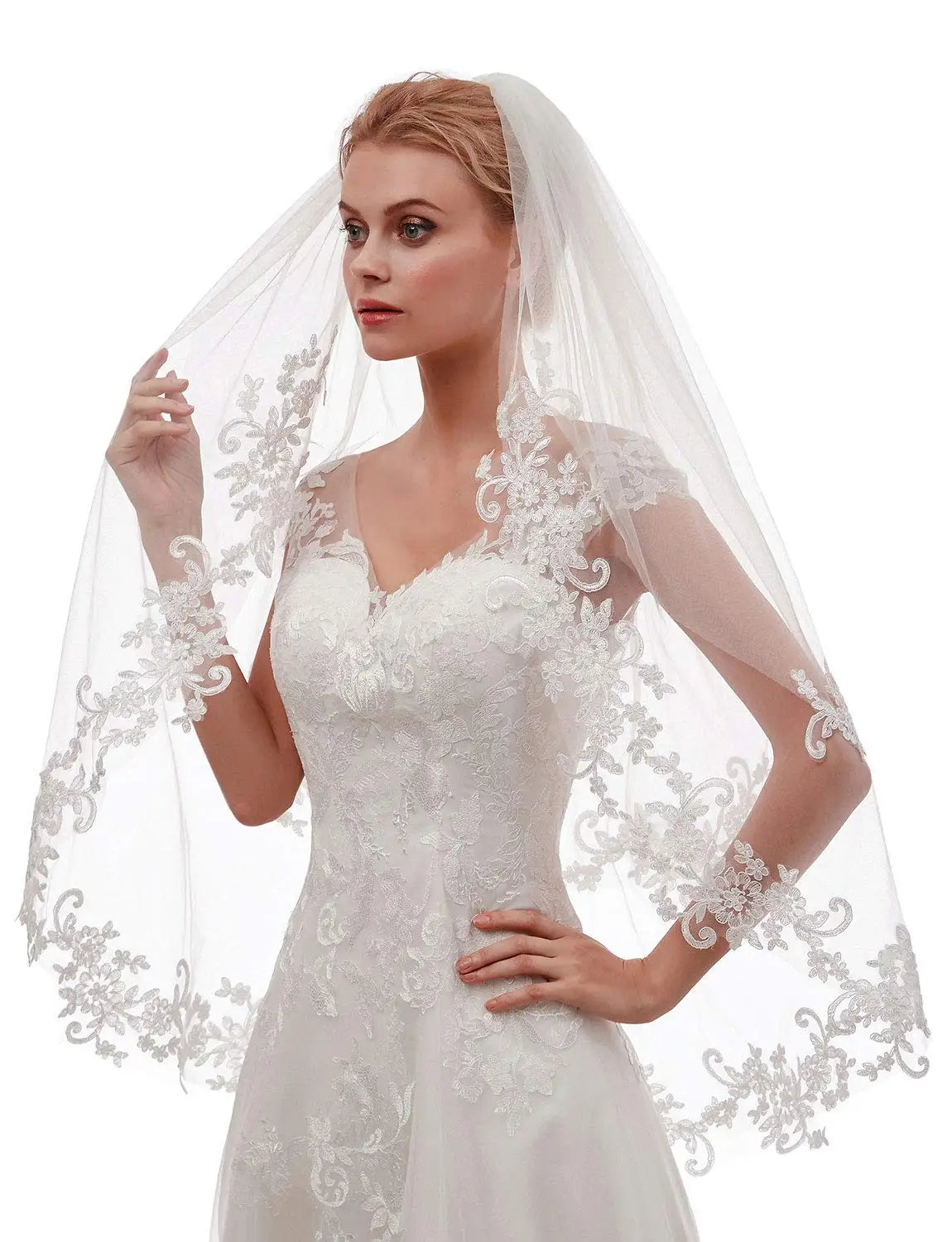 Women's Short/Medium Length 2 Tier Lace Wedding Bridal Veil With Comb