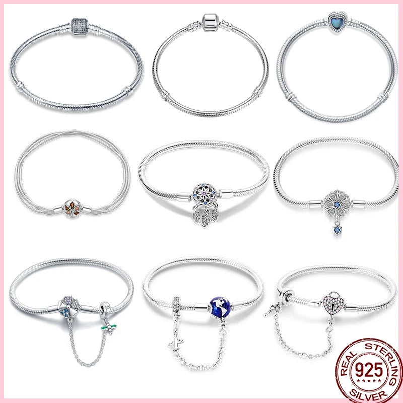 925 Silver 17-20CM Heart Pave Zirconia Original Bracelets Infinity Bracelet Fit DIY Charms Bead Birthday Jewelry Gifts Hot Sale