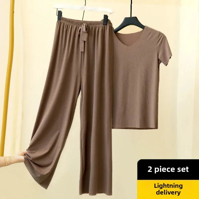 Ice Silk Women's Suit Summer New Sports Casual Bell Bottoms Short Sleeves 2-Piece Set Trendy Stylish
