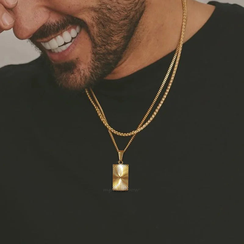 Necklace Gold Plated,Embossing Radiation Rectangle Pendant, Silver Sunburst Charm Necklaces Jewelry