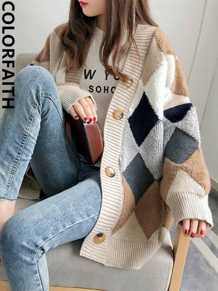 Plaid Chic Cardigans Button Puff Sleeve Checkered Oversized Women's Sweaters Winter Spring Sweater Tops SW658