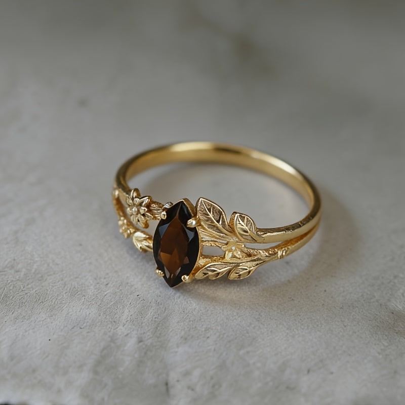 1 Elegant Boho-Chic Vintage Style Ring with Dark Red Cubic Zirconia | 14K Golden Plated Copper, Versatile for Daily Wear, Parties, Holidays, and All Seasons