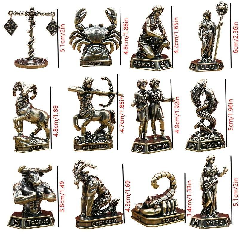 Collectible Figurines ，Handmade Solid Brass 12-Zodiac Statues Suitable for - Vintage Astrological Figurines, Collectible Zodiac Signs for Home/Office Decor, Indoor/Outdoor Use, Perfect Gift for Christmas, Birthdays & Graduations