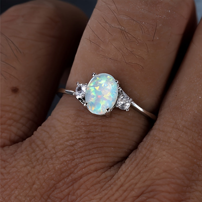 White Opal Stone Engagement Ring Classic Silvery Color Luxury Artificial Crystal Oval Wedding Rings For Women