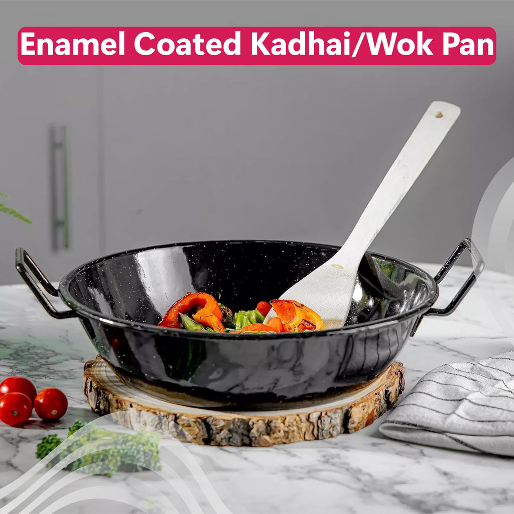 STL Enamel Wok Pan Kadhai with Raised Handles, Induction Safe, Flat Base for Even Heat Distribution, Heavy Duty Karahi for Shallow & Deep Frying, Black White Dots Design