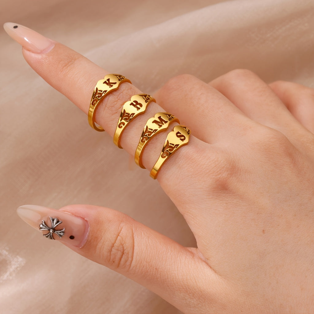 1 Stainless Steel Totem Pattern Hollow Letter Heart Ring, Easy And Elegant Ethnic Style Jewelry, Suitable for Daily Wear, Holiday Gifts, Wedding Ring