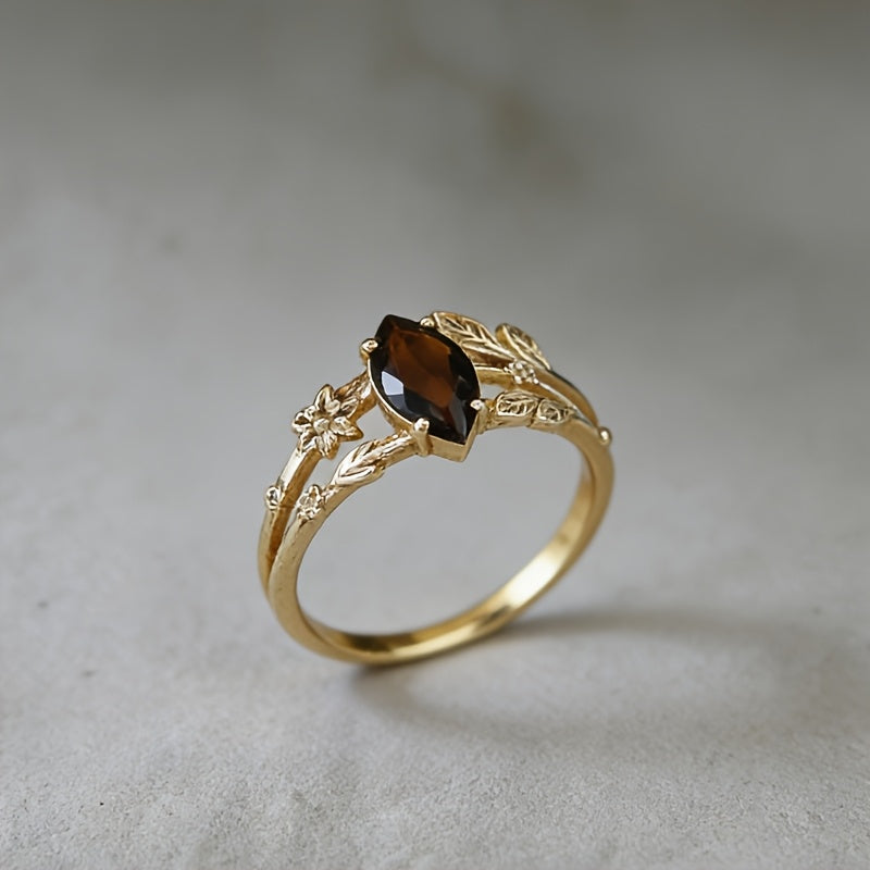 1 Elegant Boho-Chic Vintage Style Ring with Dark Red Cubic Zirconia | 14K Golden Plated Copper, Versatile for Daily Wear, Parties, Holidays, and All Seasons