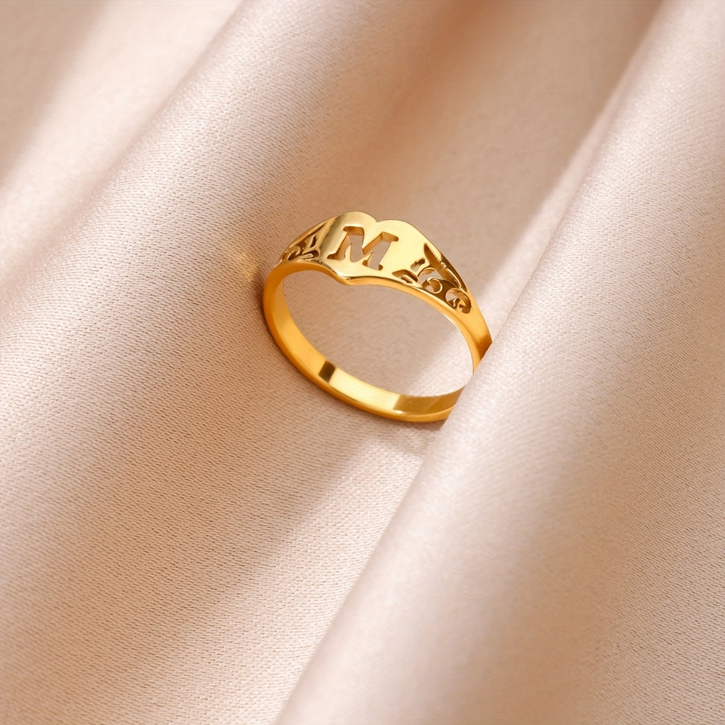 1 Stainless Steel Totem Pattern Hollow Letter Heart Ring, Easy And Elegant Ethnic Style Jewelry, Suitable for Daily Wear, Holiday Gifts, Wedding Ring
