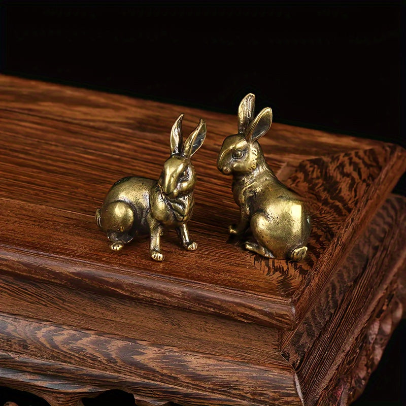 2pcs Brass Rabbit Figurines - Elegant Sitting position Desk Decor, Natural Metallic Finish Home/Office Decoration - No Electricity Needed, Indoor/Outdoor Decoration - Perfect Gift for Housewarming, Wedding, Birthday - Durable Brass Construction, Detailed